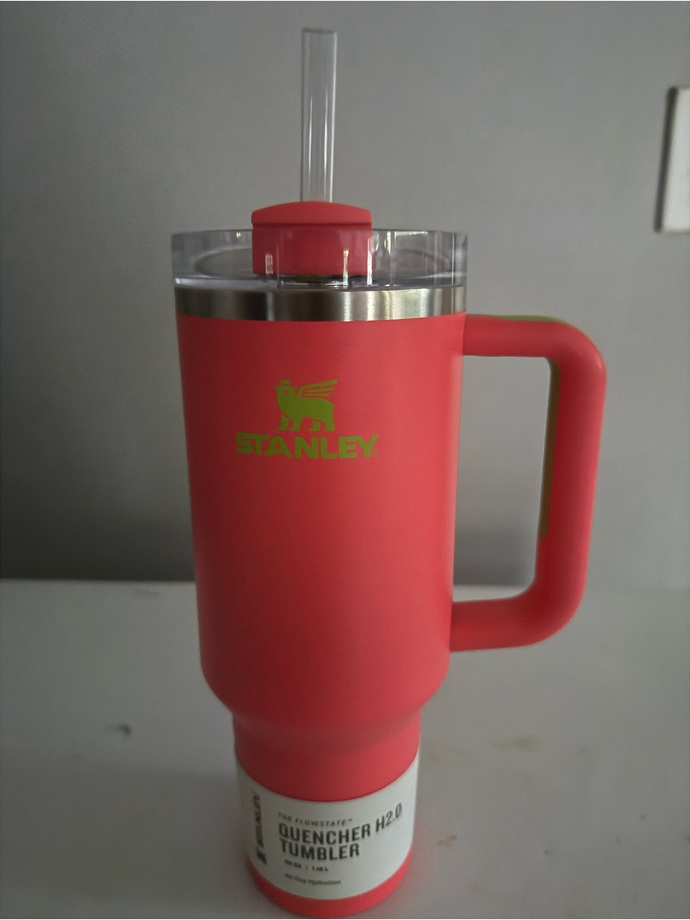 Stanley Red Tumbler with Lime Logo and Handle - Picture 3 of 3